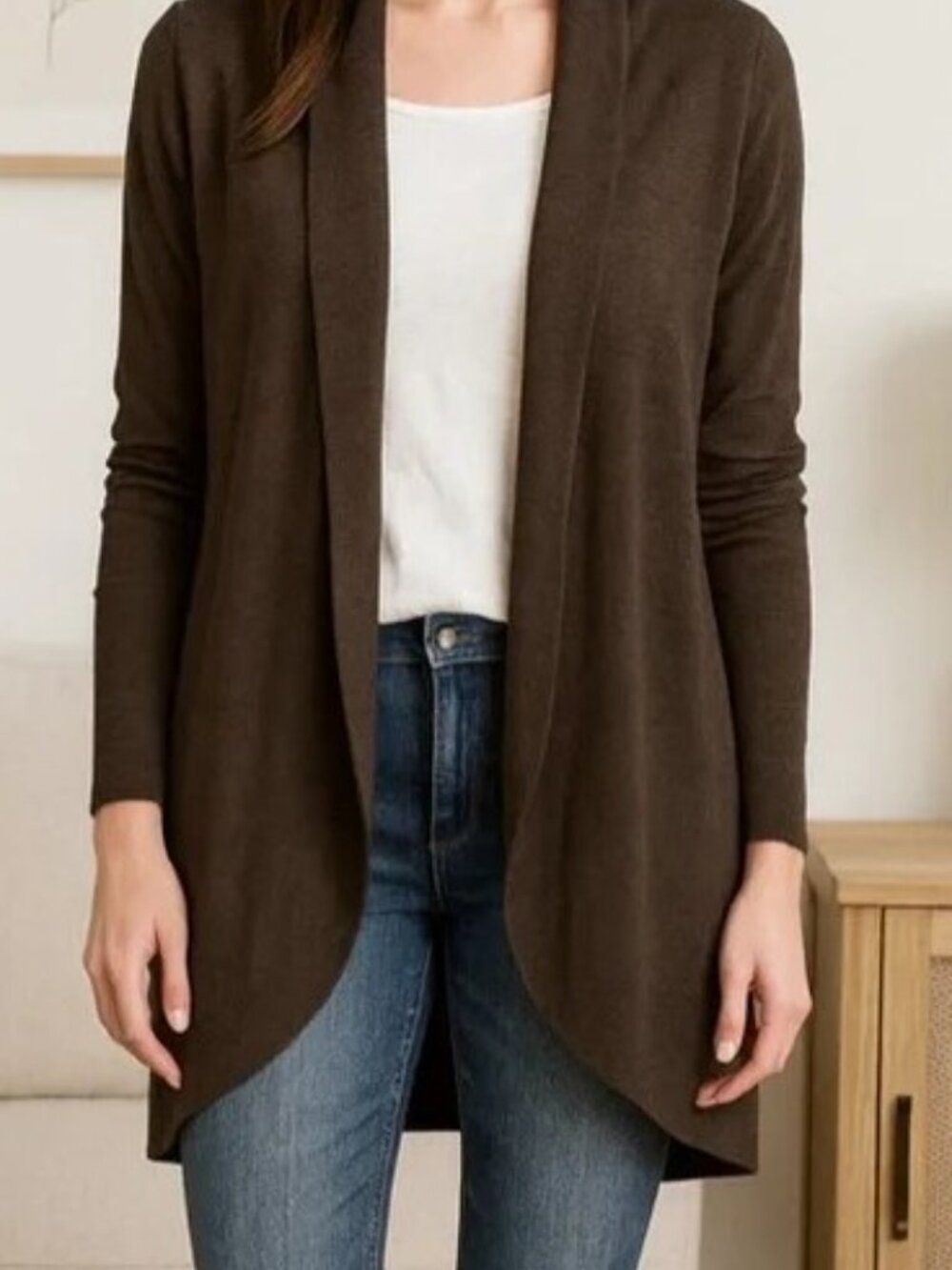 NWT$248 Eileen Fisher Long Oval Cardigan L Mussel-Brn Italian Fine Merino Links